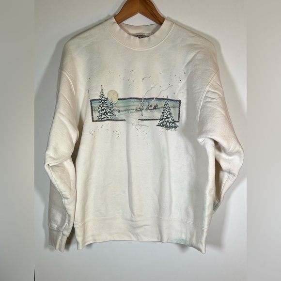 Vintage 90s Michigan snow graphic cream sweatshirt crewneck sz L streetwear - Picture 1 of 13